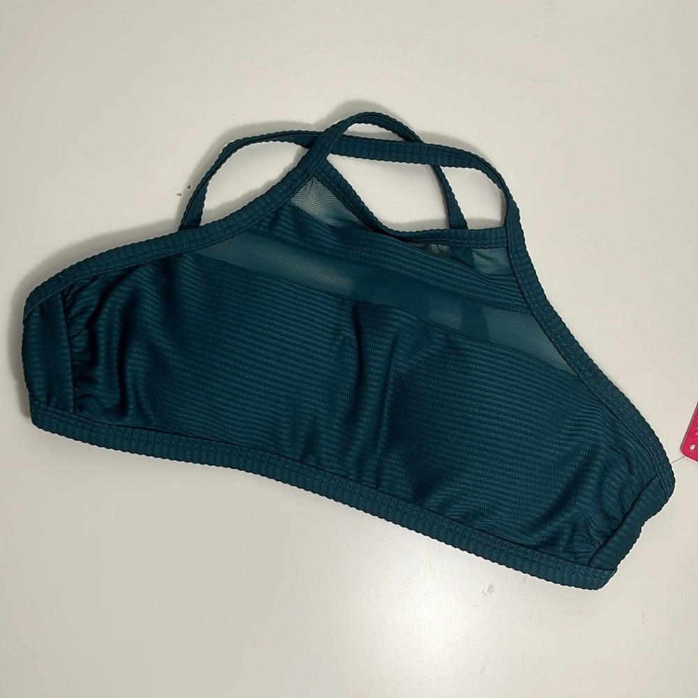 -Xhilaration Dark Green Ribbed Swim Halter Top Tie with Sheer Panel Medium NWT